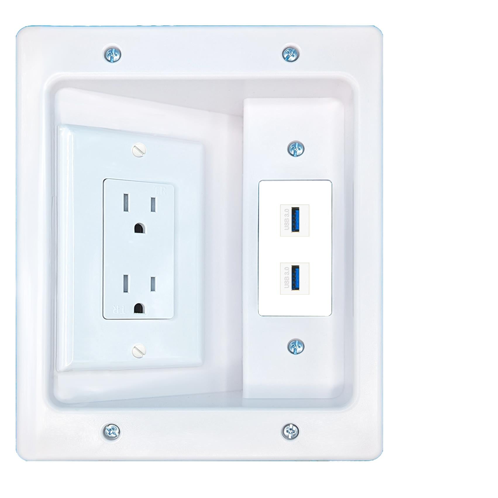 RiteAV 2 USB-3 Recessed Wall Plate Cable Concealer Management Kit with Power Outlet Hides Cords and Cables