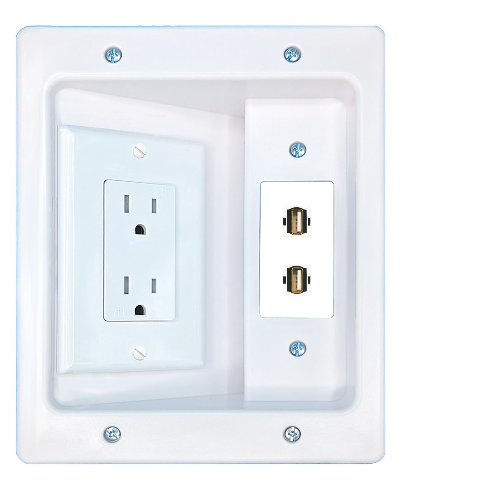 RiteAV 2 USB2 Recessed Wall Plate Cable Concealer Management Kit with Power Outlet Hides Cords and Cables
