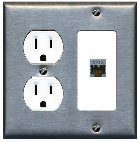 RiteAV CAT6-SHIELDED Wall Plate with Round Outlet [Stainless-White]