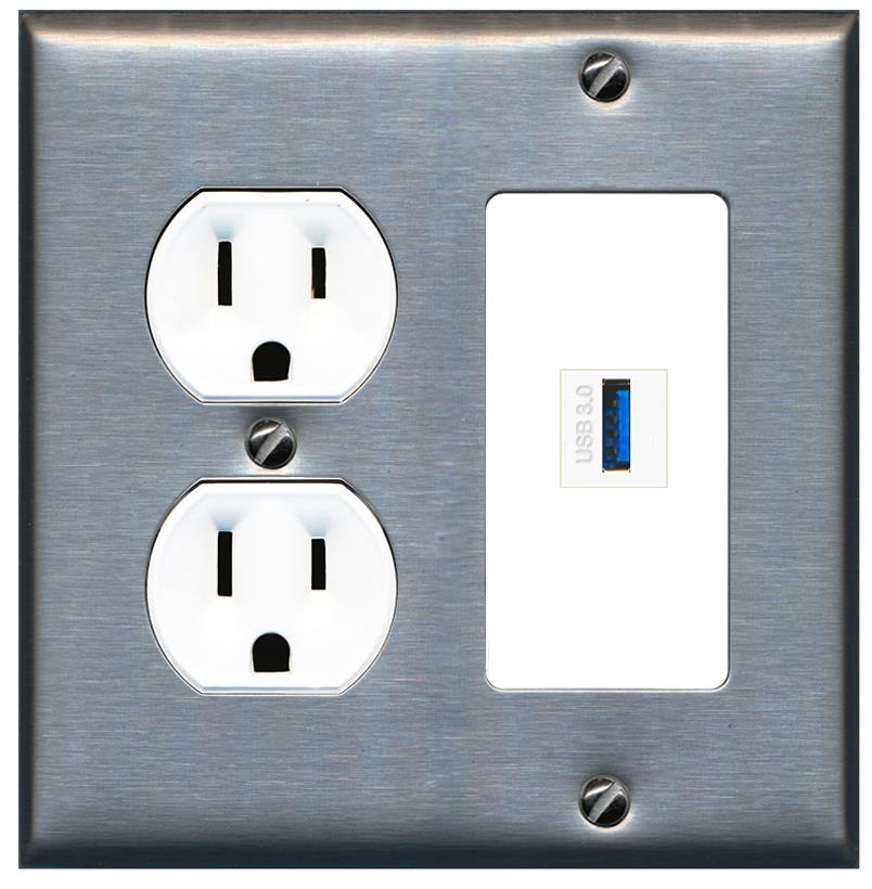 RiteAV USB-3 Wall Plate with Round Outlet [Stainless-White]