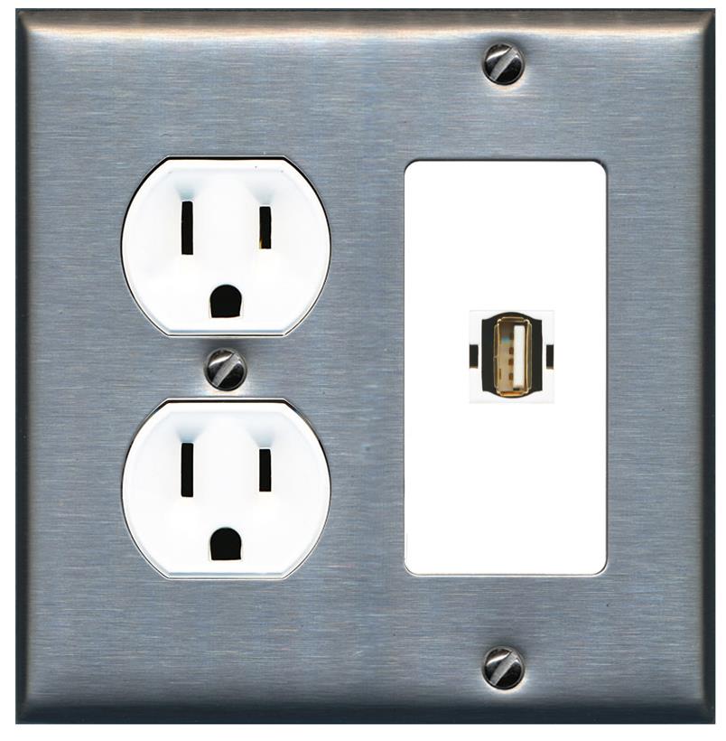 RiteAV USB2 Wall Plate with Round Outlet [Stainless-White]