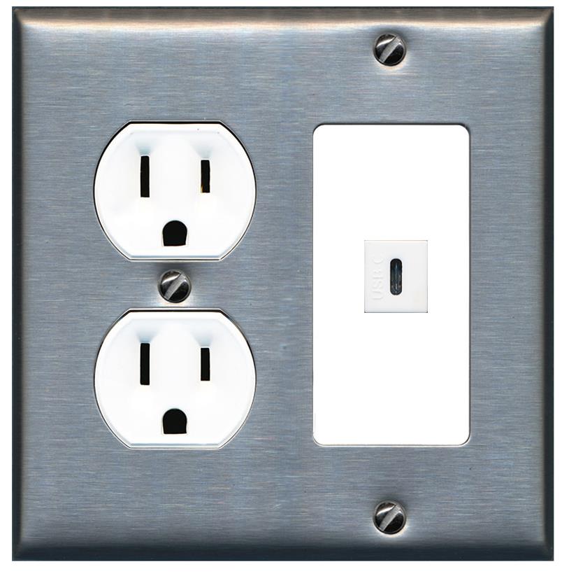 RiteAV USBC Wall Plate with Round Outlet [Stainless-White]