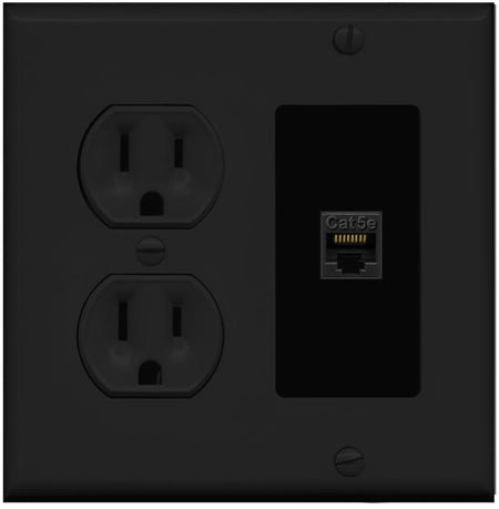 RiteAV CAT5E Wall Plate with Round Power Outlet [Black]