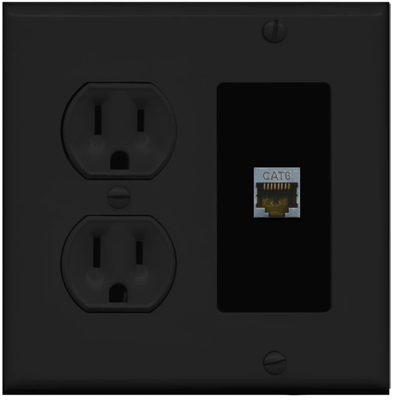 RiteAV CAT6-SHIELDED Wall Plate with Round Power Outlet [Black]