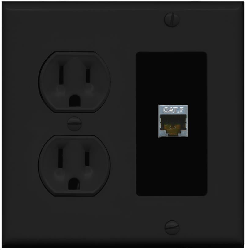 RiteAV CAT7 Wall Plate with Round Power Outlet [Black]