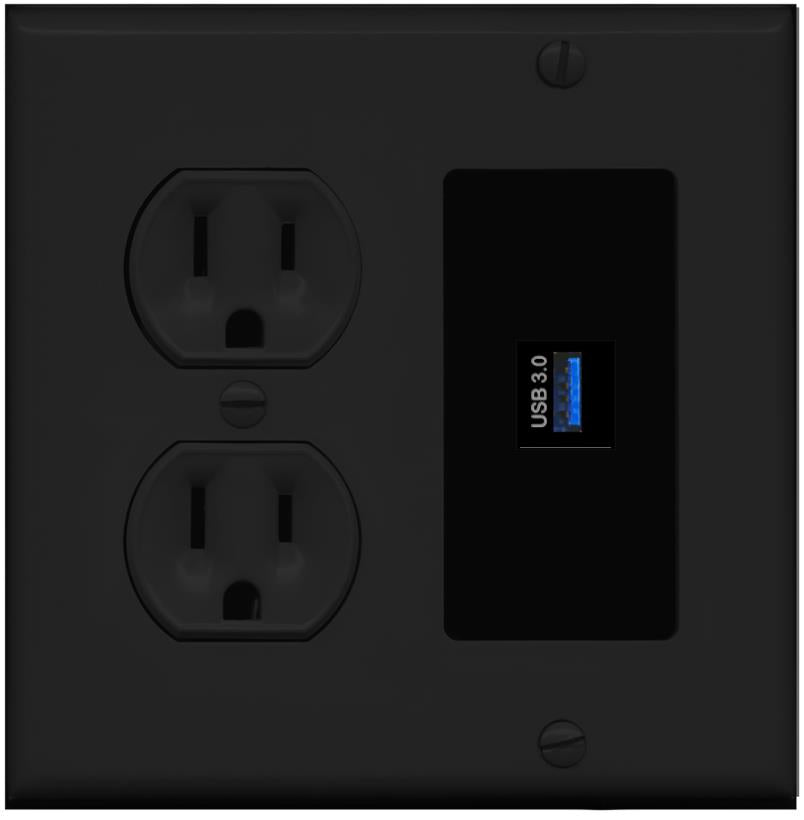 RiteAV USB-3 Wall Plate with Round Power Outlet [Black]