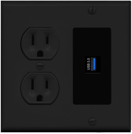 RiteAV USB-3 Wall Plate with Round Power Outlet [Black]