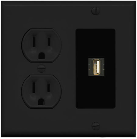 RiteAV USB2 Wall Plate with Round Power Outlet [Black]