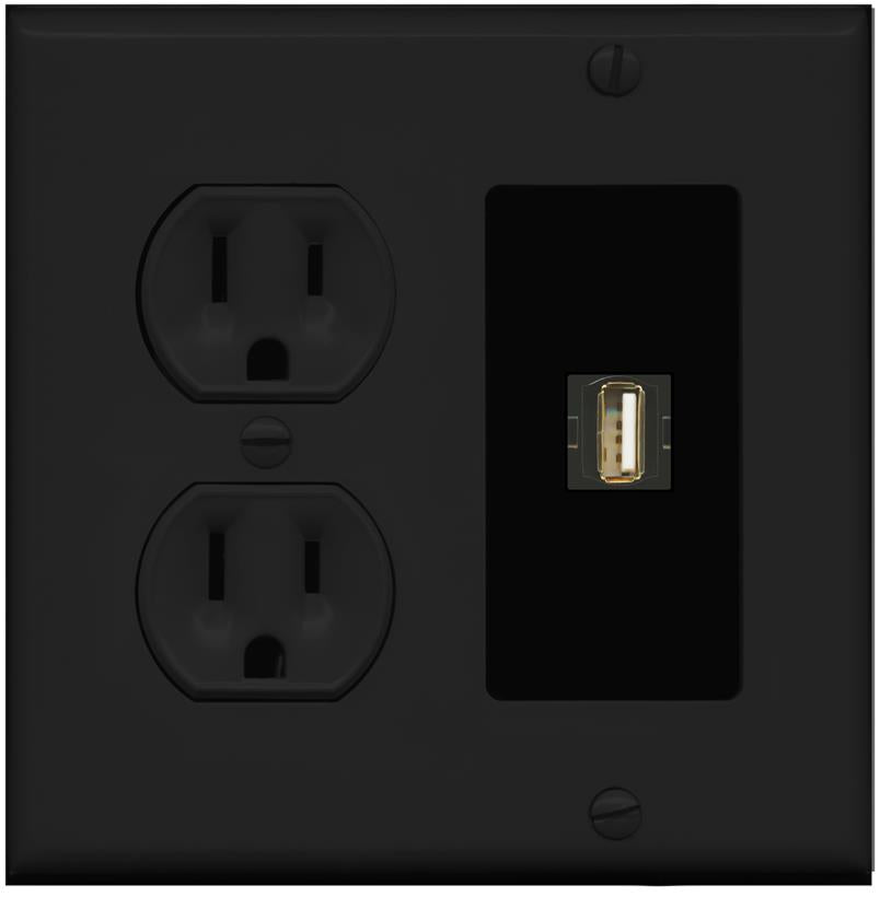 RiteAV USB2 Wall Plate with Round Power Outlet [Black]