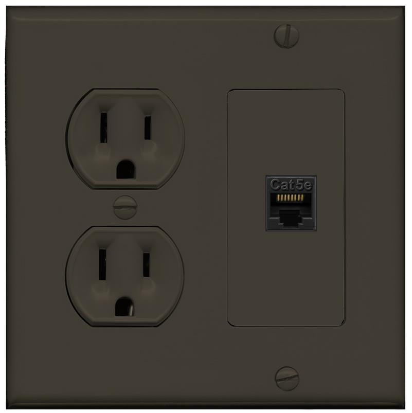 RiteAV CAT5E Wall Plate with Round Power Outlet [Brown]