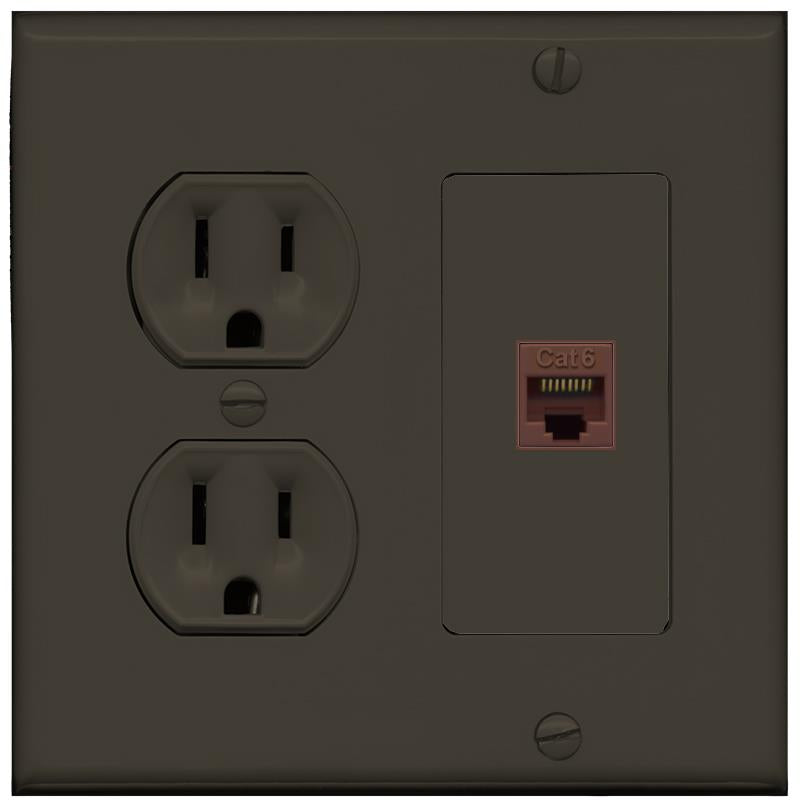 RiteAV CAT6 Wall Plate with Round Power Outlet [Brown]