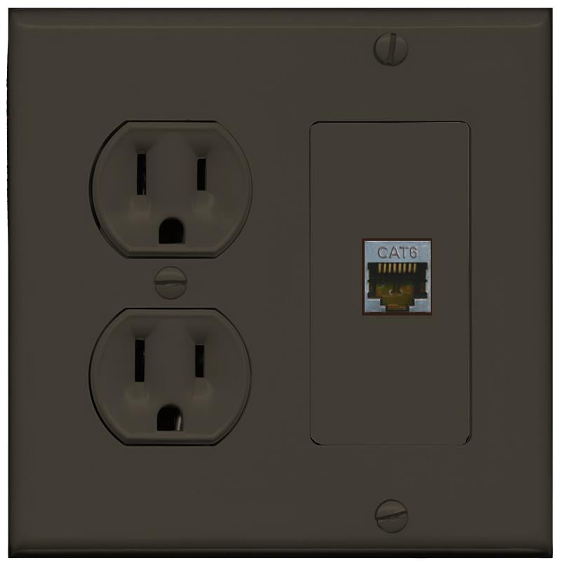 RiteAV CAT6-SHIELDED Wall Plate with Round Power Outlet [Brown]