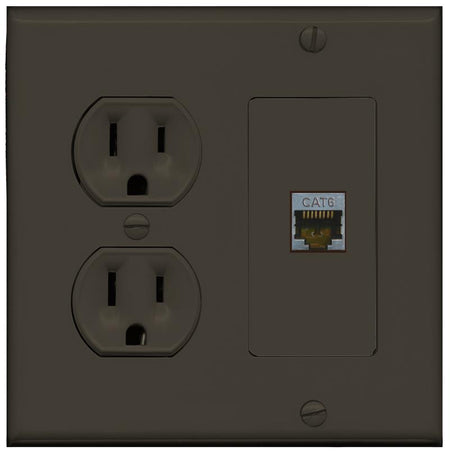 RiteAV CAT6-SHIELDED Wall Plate with Round Power Outlet [Brown]