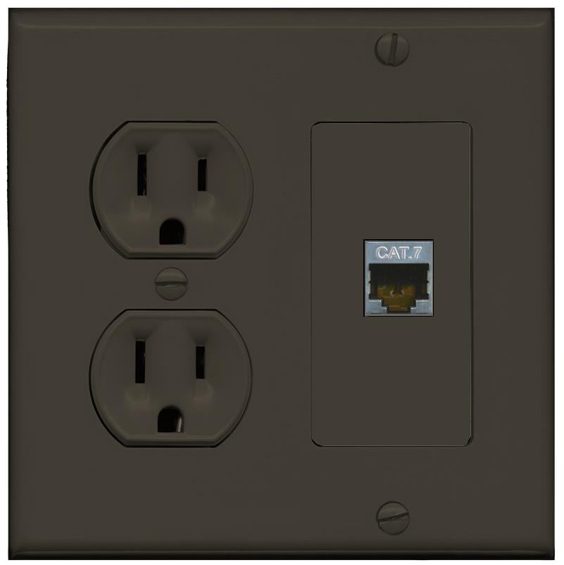 RiteAV CAT7 Wall Plate with Round Power Outlet [Brown]