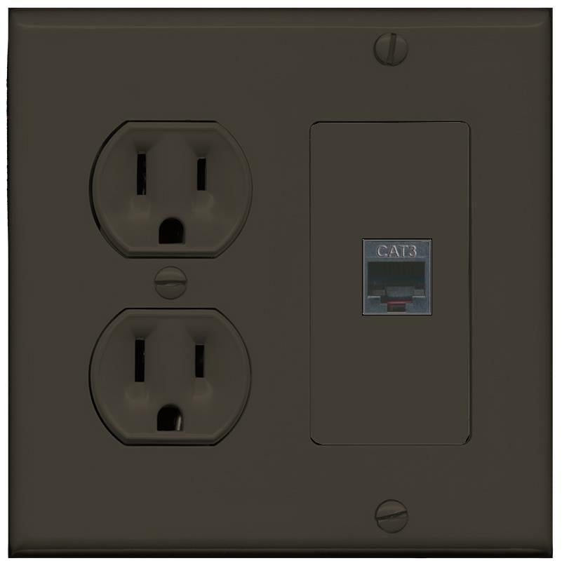 RiteAV PHONE Wall Plate with Round Power Outlet [Brown]