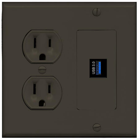 RiteAV USB-3 Wall Plate with Round Power Outlet [Brown]