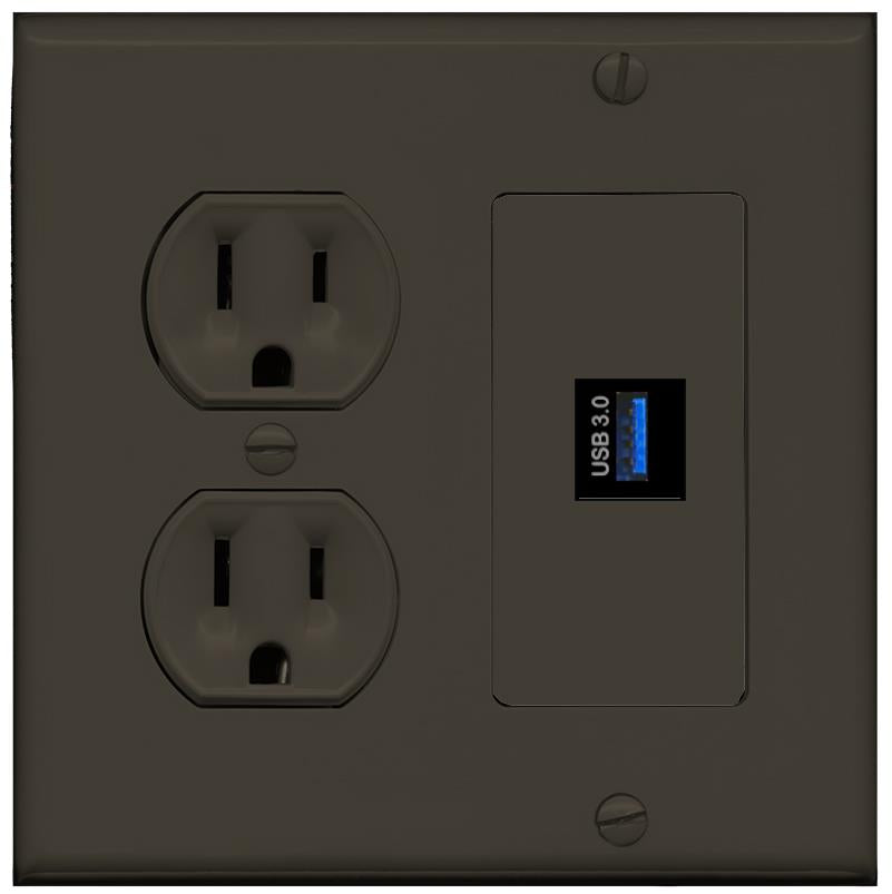 RiteAV USB-3 Wall Plate with Round Power Outlet [Brown]