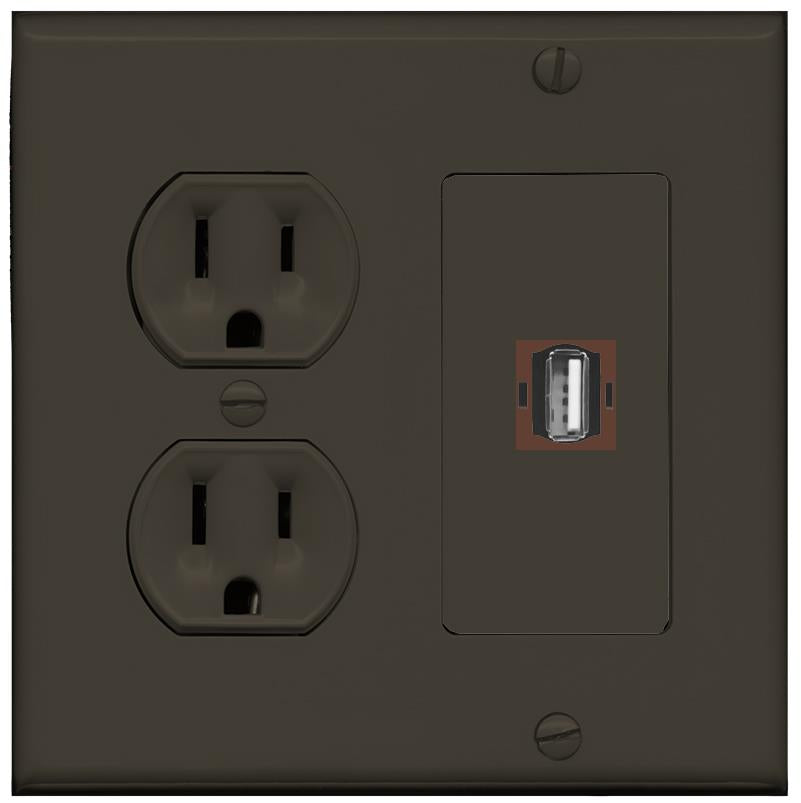 RiteAV USB2 Wall Plate with Round Power Outlet [Brown]