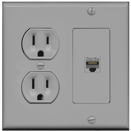 RiteAV CAT5E Wall Plate with Round Power Outlet [Gray]