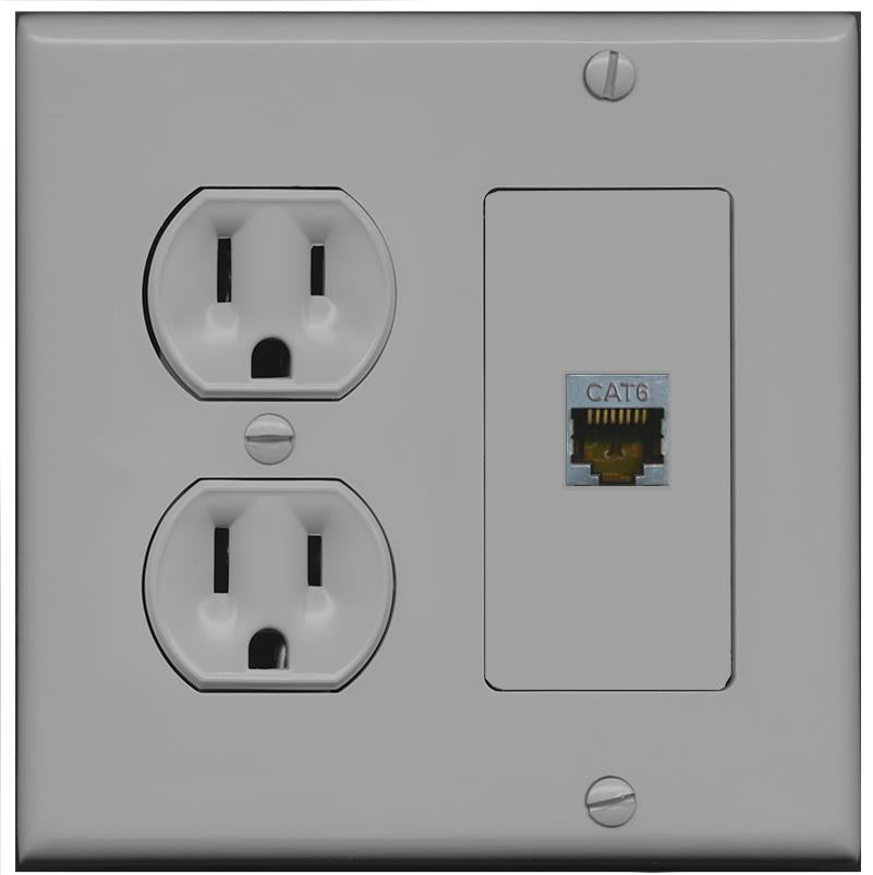 RiteAV CAT6-SHIELDED Wall Plate with Round Power Outlet [Gray]