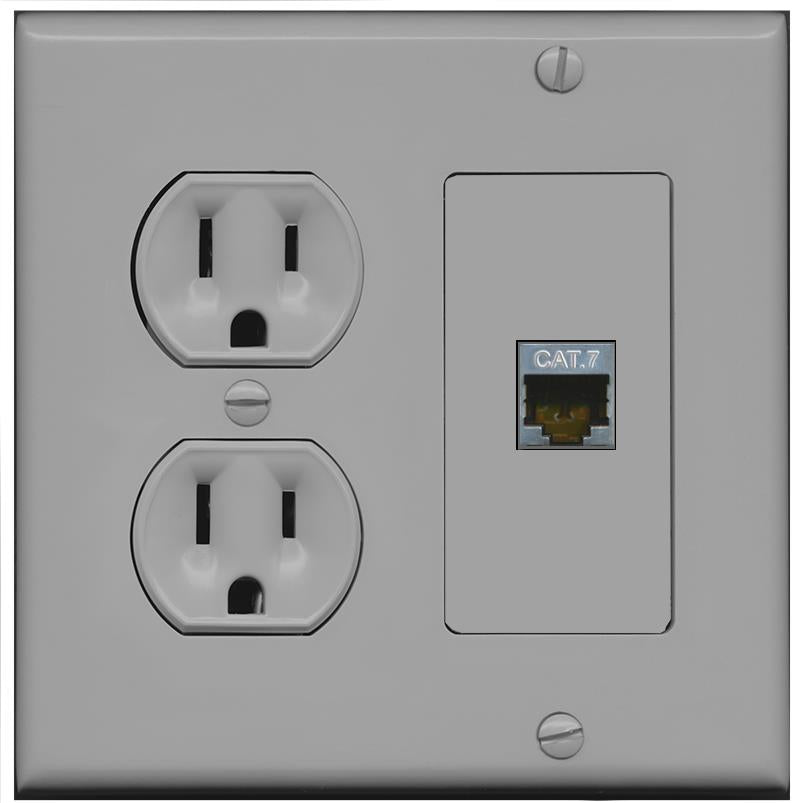 RiteAV CAT7 Wall Plate with Round Power Outlet [Gray]