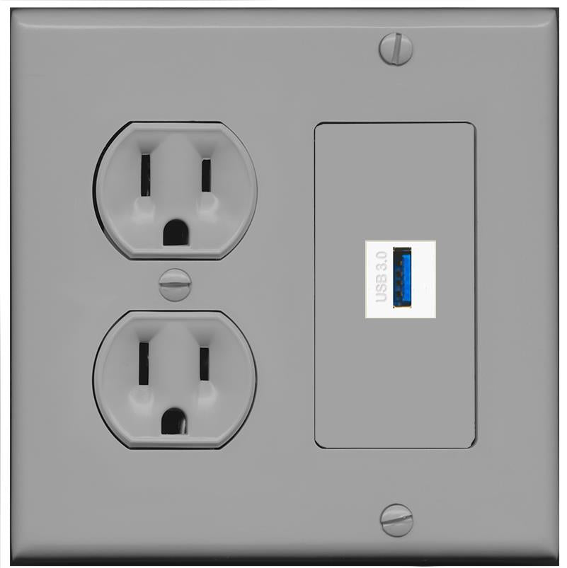 RiteAV USB-3 Wall Plate with Round Power Outlet [Gray]