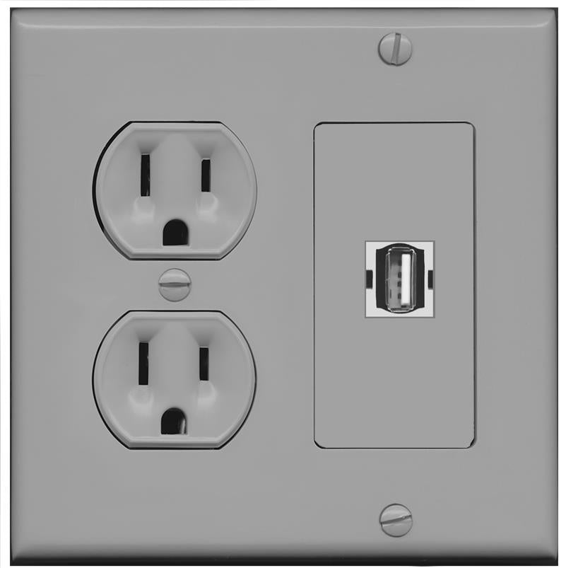 RiteAV USB2 Wall Plate with Round Power Outlet [Gray]