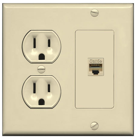 RiteAV CAT5E Wall Plate with Round Power Outlet [Ivory]