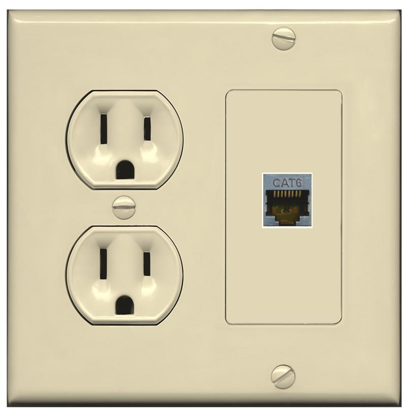RiteAV CAT6-SHIELDED Wall Plate with Round Power Outlet [Ivory]