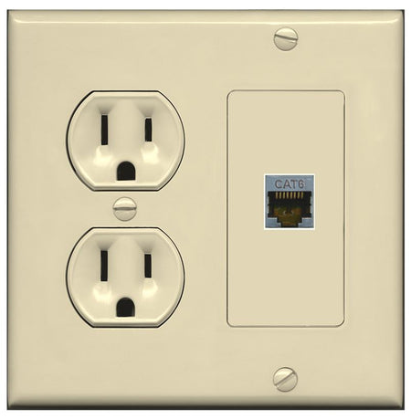 RiteAV CAT6-SHIELDED Wall Plate with Round Power Outlet [Ivory]