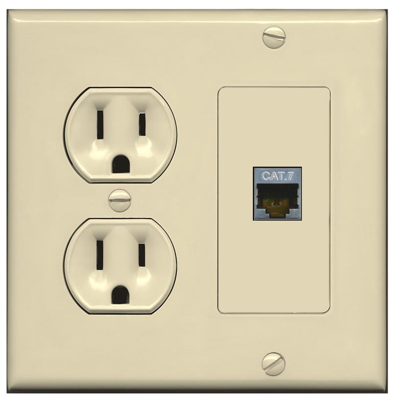 RiteAV CAT7 Wall Plate with Round Power Outlet [Ivory]