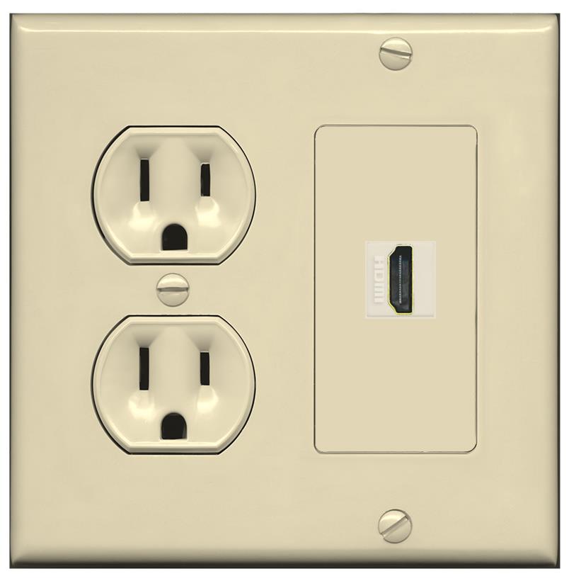 RiteAV HDMI Wall Plate with Round Power Outlet [Ivory]