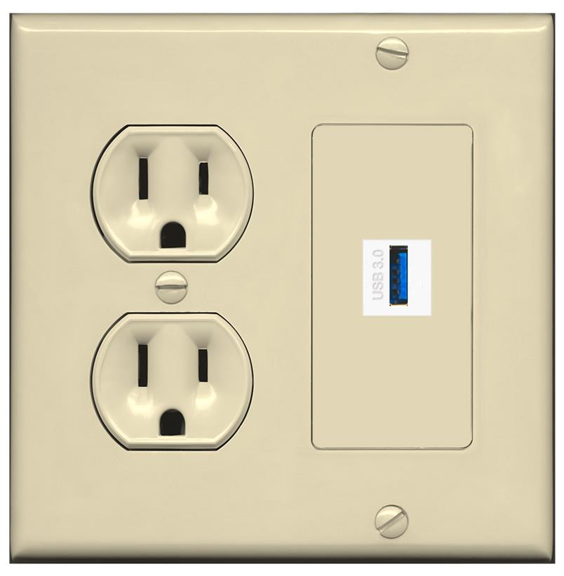 RiteAV USB-3 Wall Plate with Round Power Outlet [Ivory]