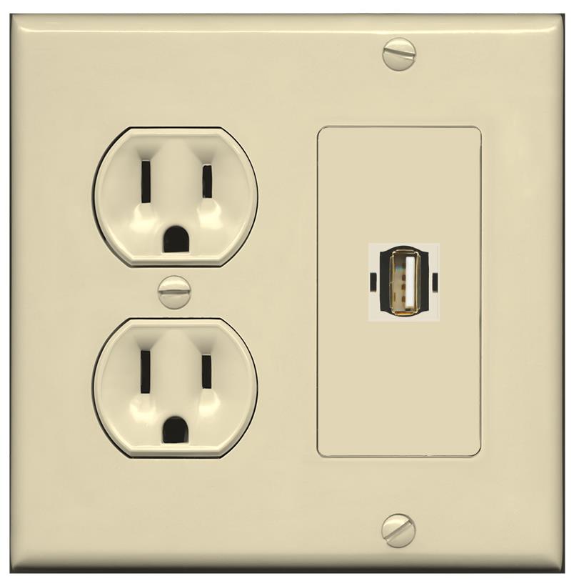 RiteAV USB2 Wall Plate with Round Power Outlet [Ivory]