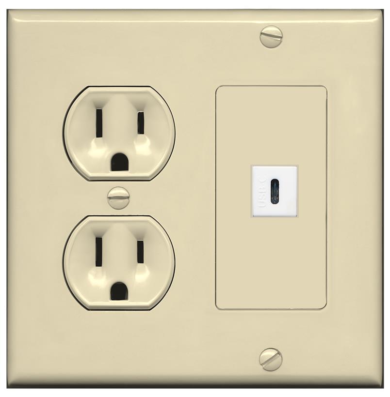 RiteAV USBC Wall Plate with Round Power Outlet [Ivory]