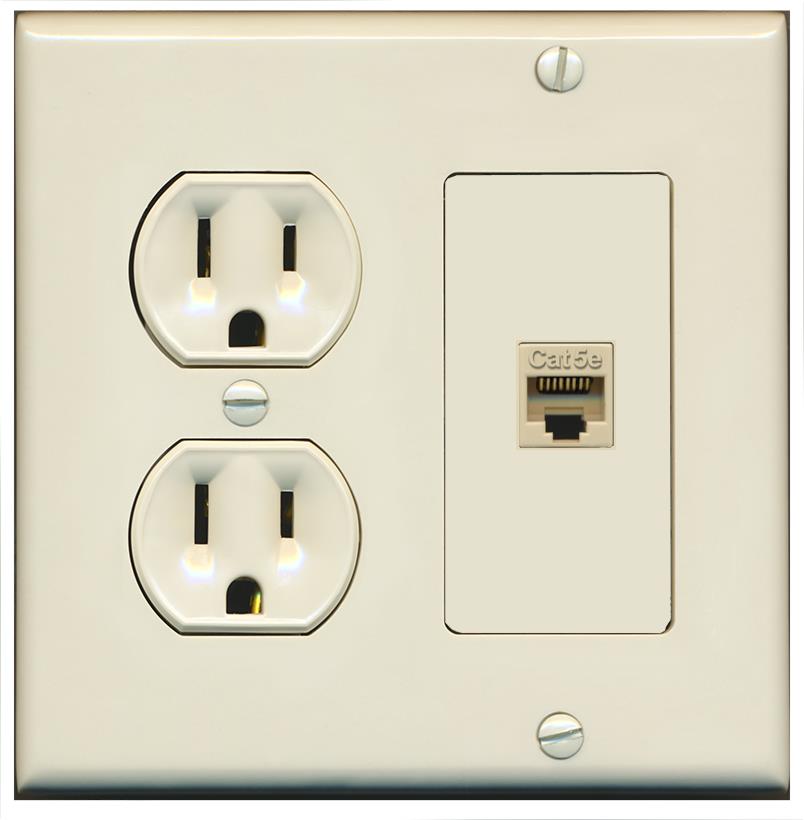 RiteAV CAT5E Wall Plate with Round Power Outlet [Light Almond]