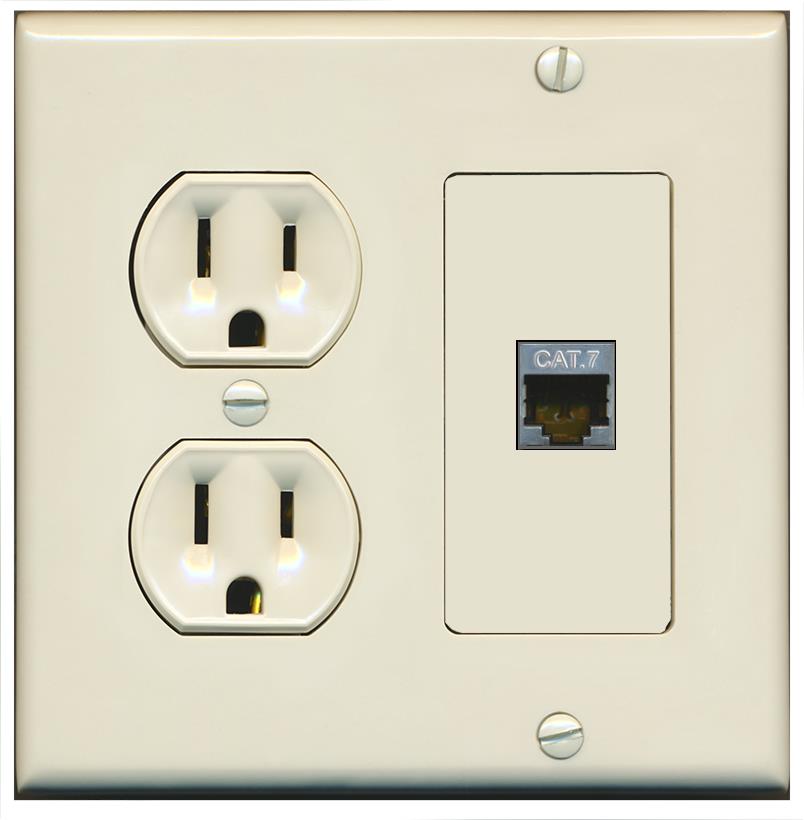 RiteAV CAT7 Wall Plate with Round Power Outlet [Light Almond]