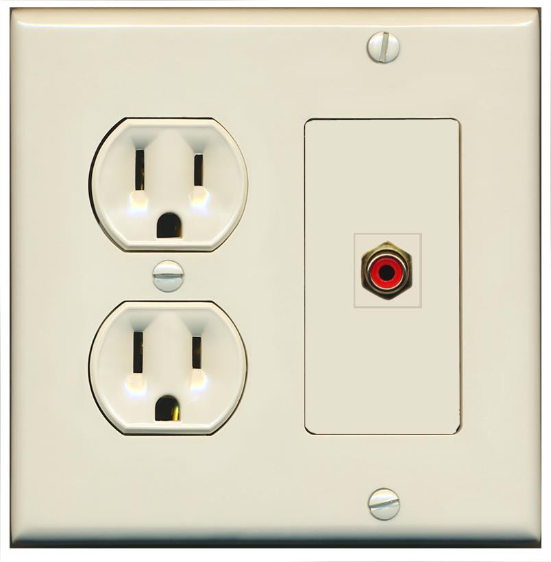 RiteAV RCA-RED Wall Plate with Round Power Outlet [Light Almond]