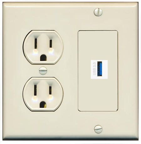 RiteAV USB-3 Wall Plate with Round Power Outlet [Light Almond]