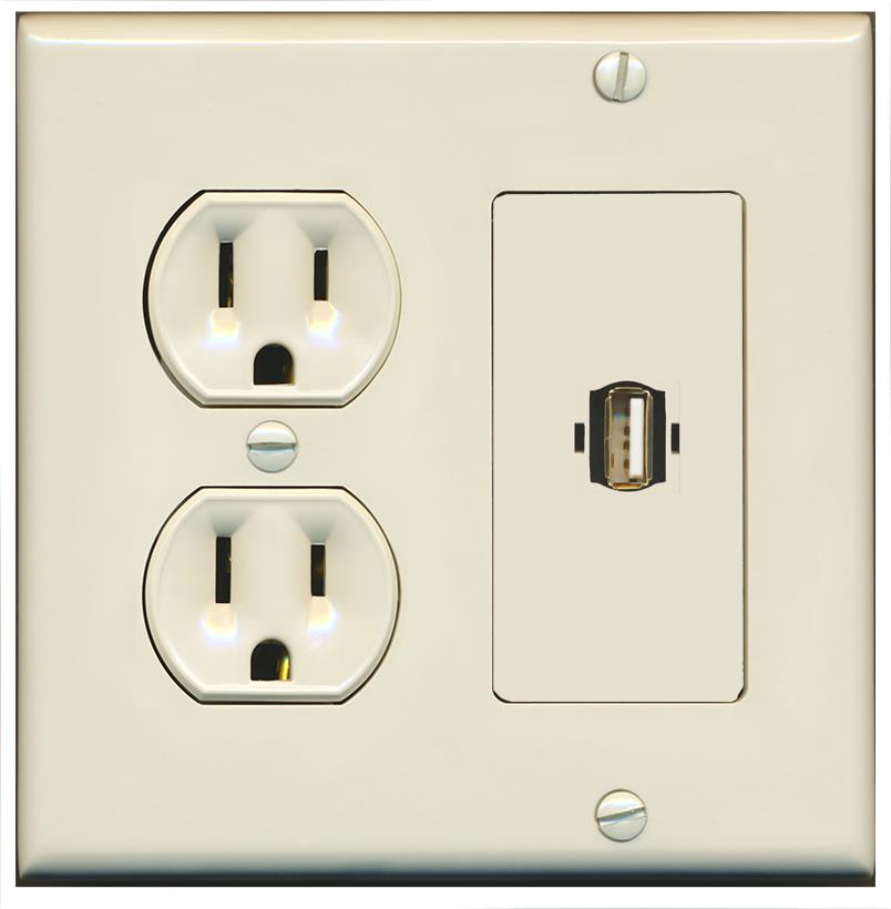 RiteAV USB2 Wall Plate with Round Power Outlet [Light Almond]