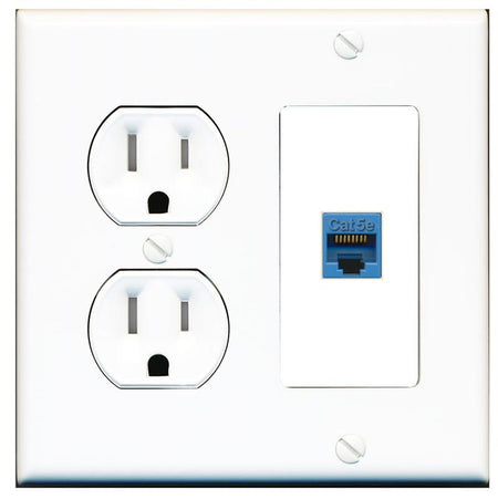 RiteAV CAT5E-BLUE Wall Plate with Round Tamper Resistant Power Outlet [White]