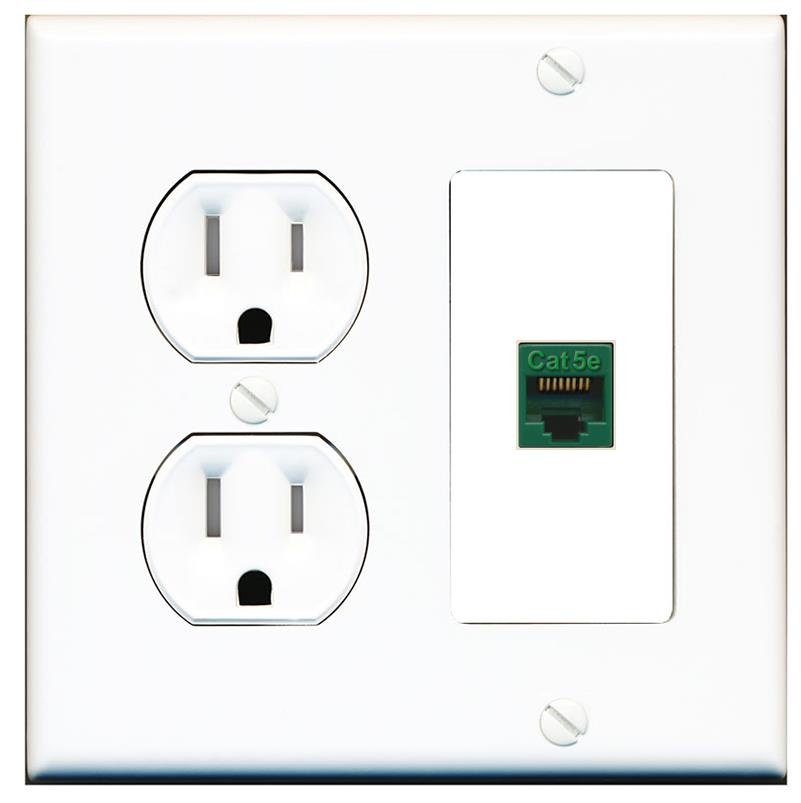 RiteAV CAT5E-GREEN Wall Plate with Round Tamper Resistant Power Outlet [White]
