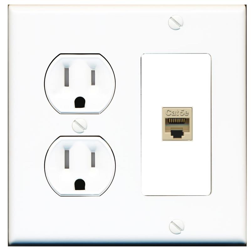 RiteAV CAT5E-IVORY Wall Plate with Round Tamper Resistant Power Outlet [White]