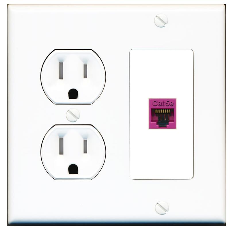 RiteAV CAT5E-PINK Wall Plate with Round Tamper Resistant Power Outlet [White]