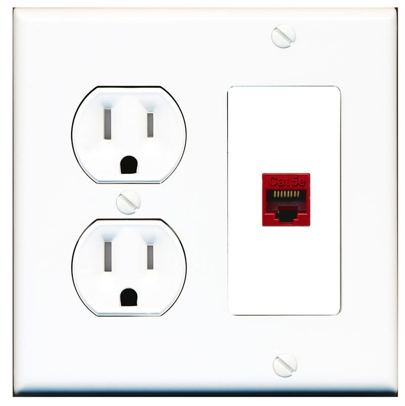 RiteAV CAT5E-RED Wall Plate with Round Tamper Resistant Power Outlet [White]