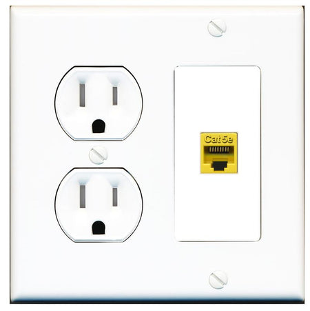 RiteAV CAT5E-YELLOW Wall Plate with Round Tamper Resistant Power Outlet [White]