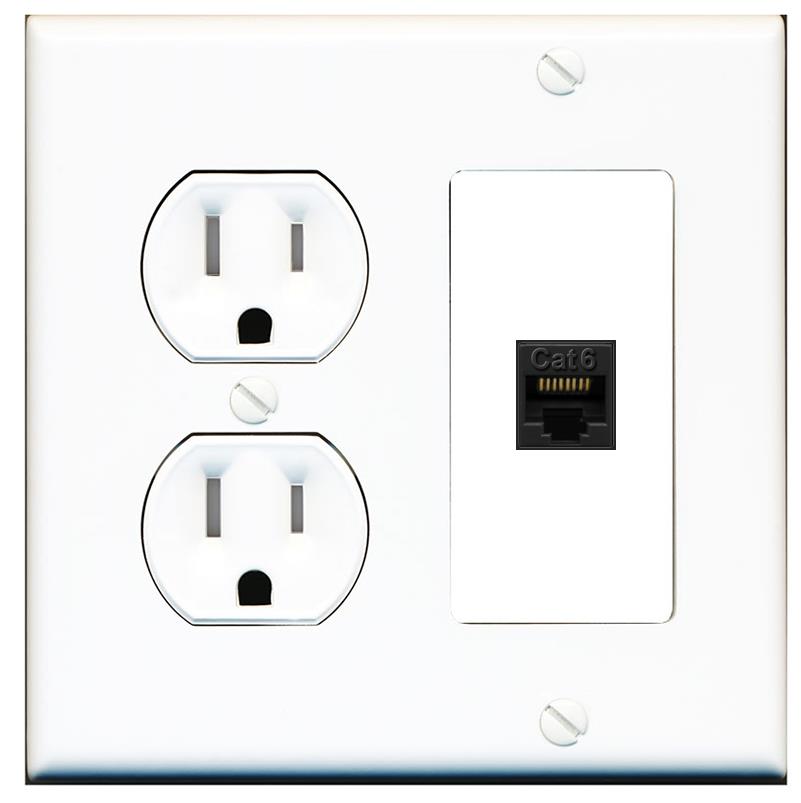RiteAV CAT6-BLACK Wall Plate with Round Tamper Resistant Power Outlet [White]