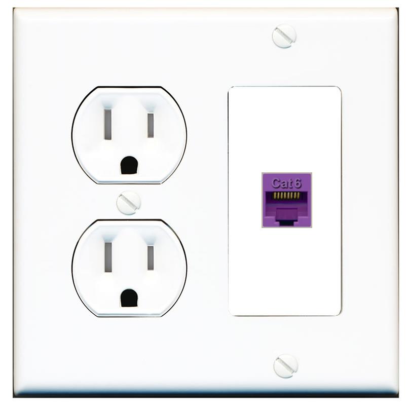 RiteAV CAT6-PURPLE Wall Plate with Round Tamper Resistant Power Outlet [White]