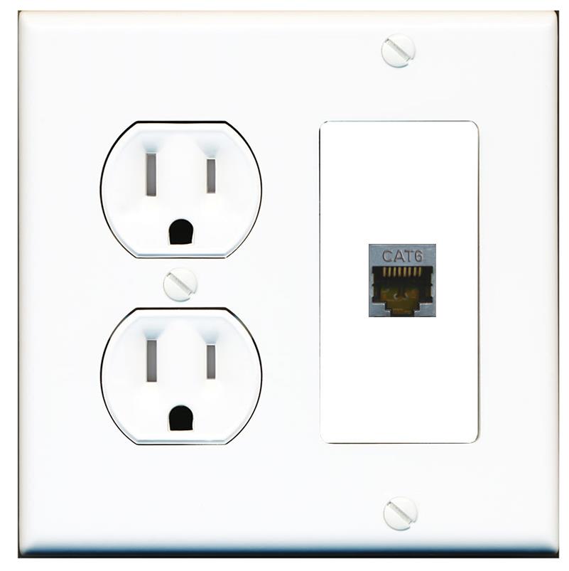 RiteAV CAT6-SHIELDED Wall Plate with Round Tamper Resistant Power Outlet [White]