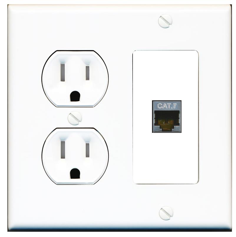 RiteAV CAT7 Wall Plate with Round Tamper Resistant Power Outlet [White]